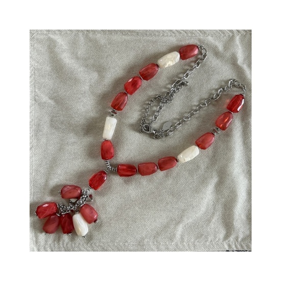 Chico's Necklace Large Coral and Ivory Beads on Silver chain - Picture 1 of 7